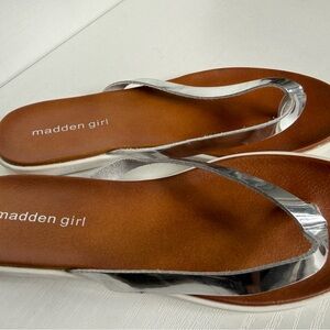Madden Girl Metallic Silver Thong Sandals with Brown Footbed